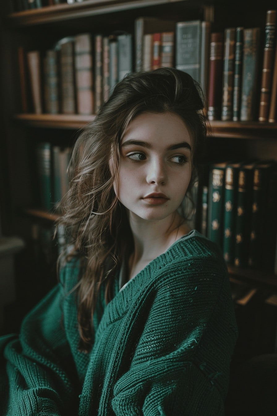 candid shot of a Slytherin girl student teenager 