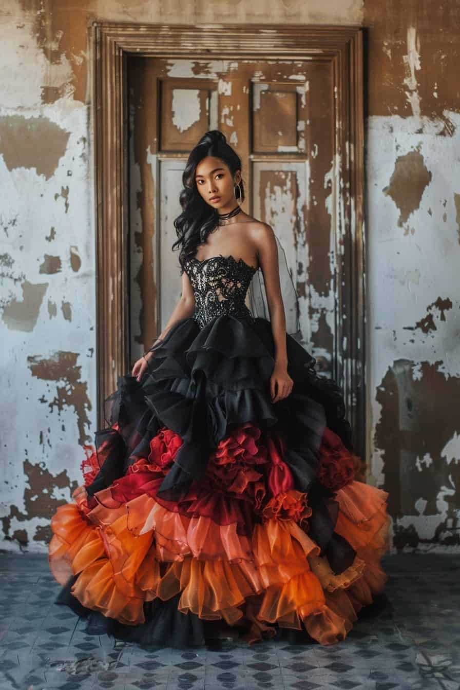 fire black black quinceanera dress