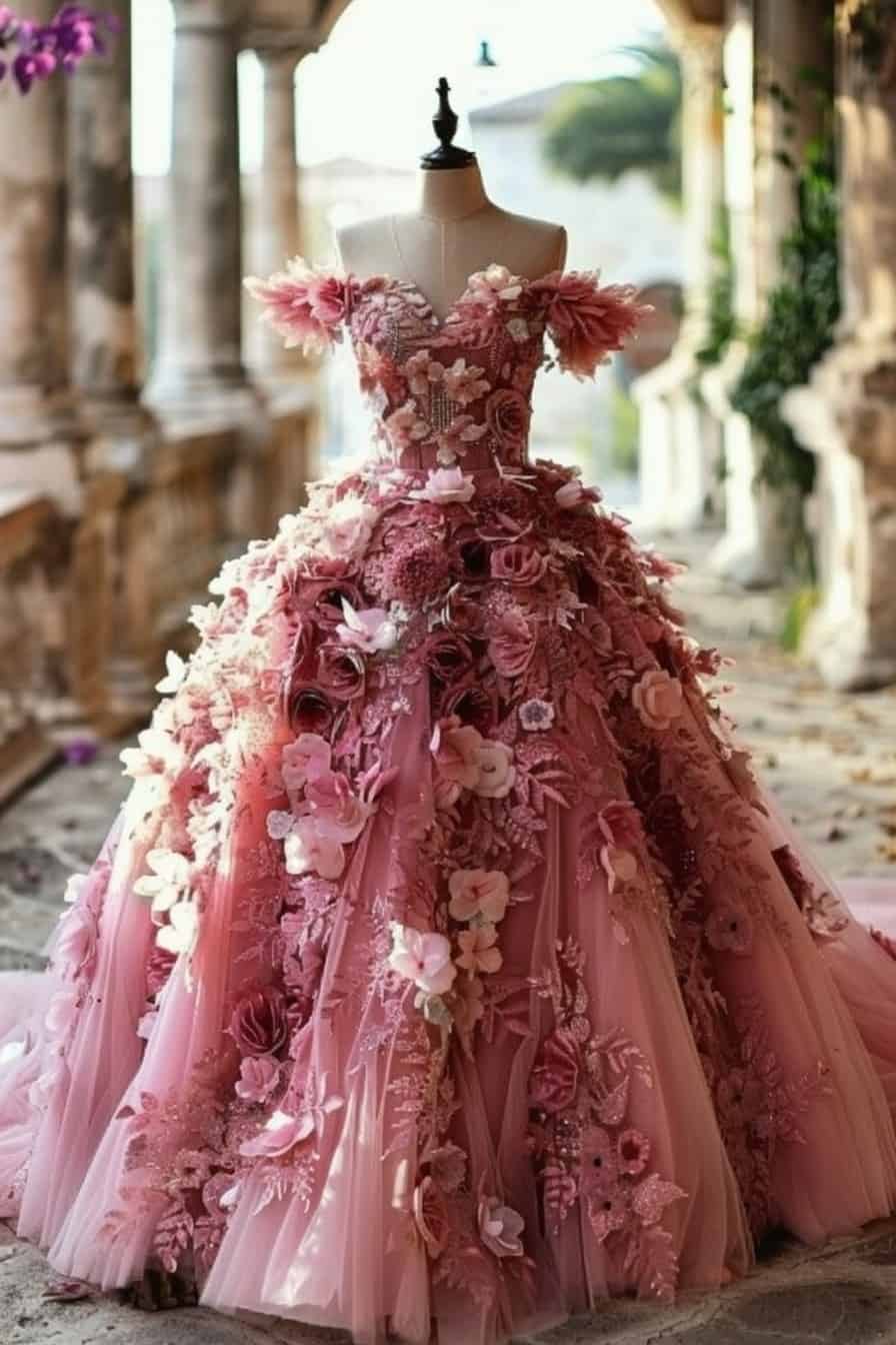 pink floral quinceanera dress