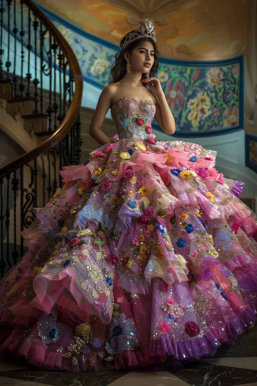 pink floral quinceanera dress