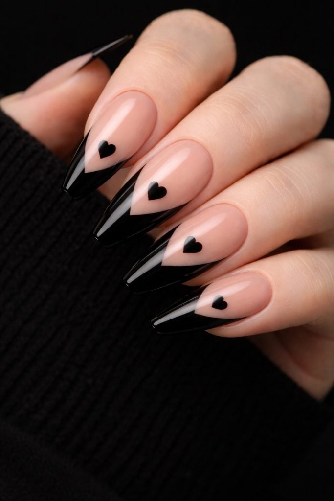 black French tip heart nails 