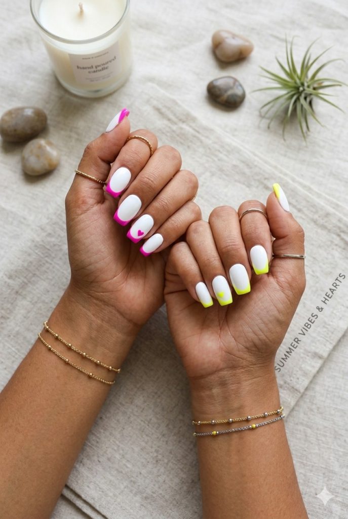 summer white nails with neon tips hearts 