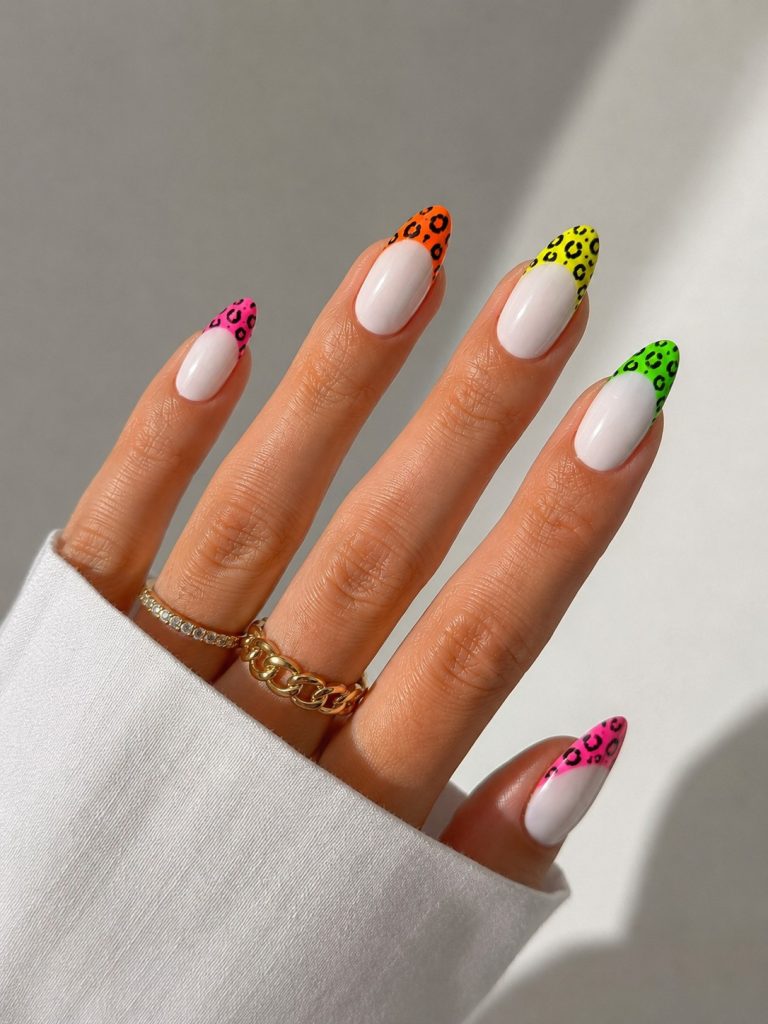 summer white nails with neon tips animal print 