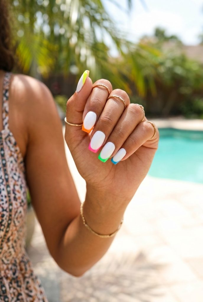 summer white nails with neon tips square tip 