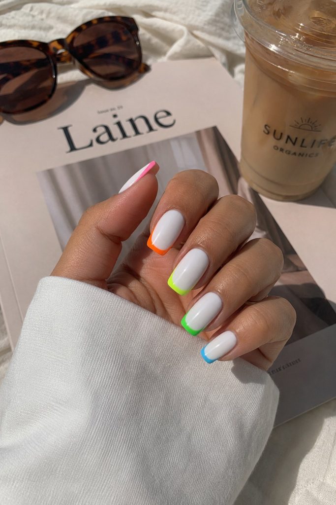 summer white nails with neon tips square 