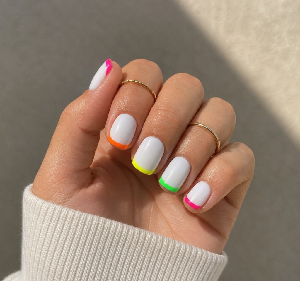 short summer white nails with neon tips 