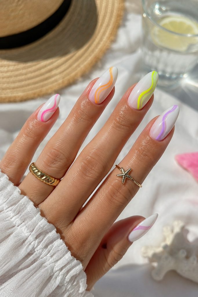 summer white nails with neon tips wavy lines 