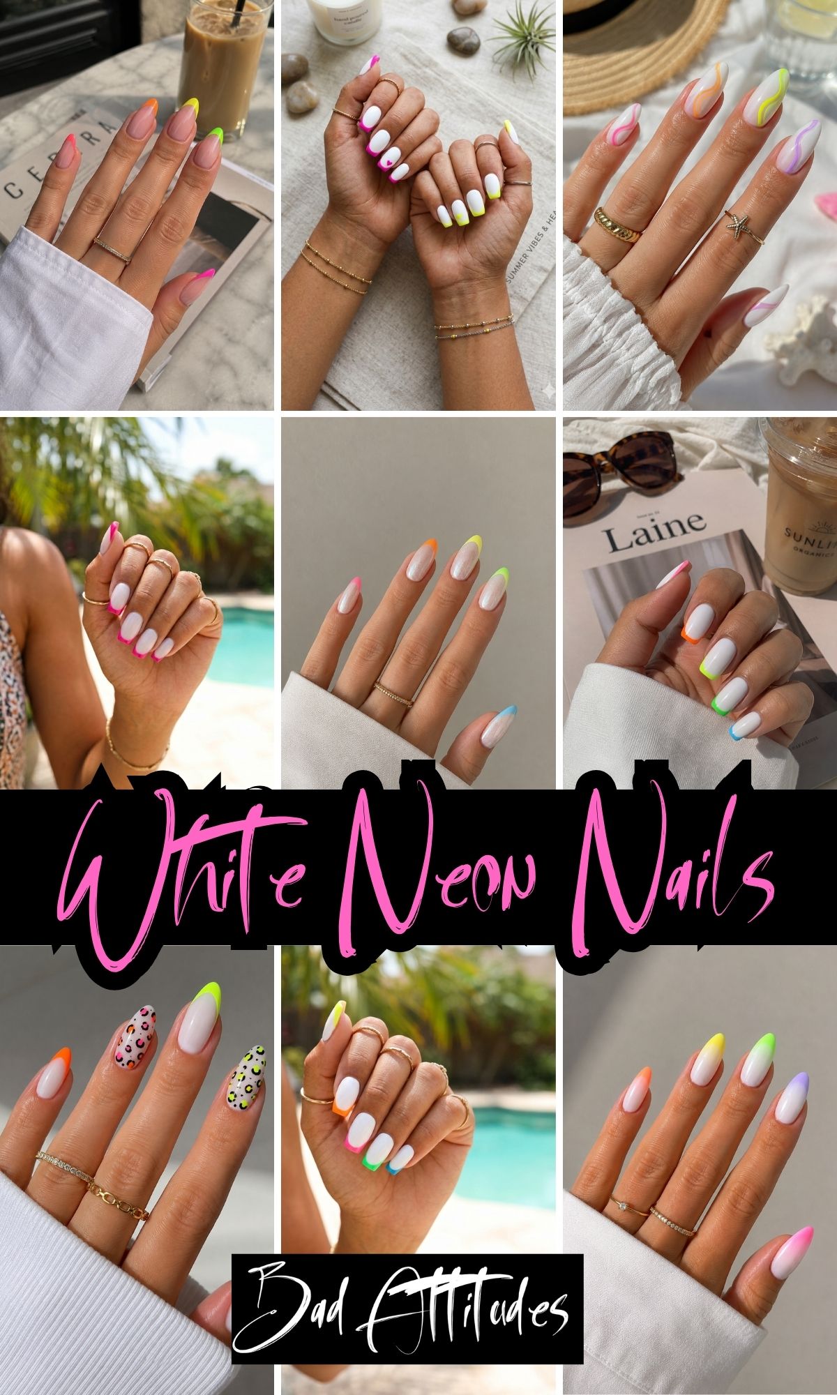 summer white nails with neon tips 