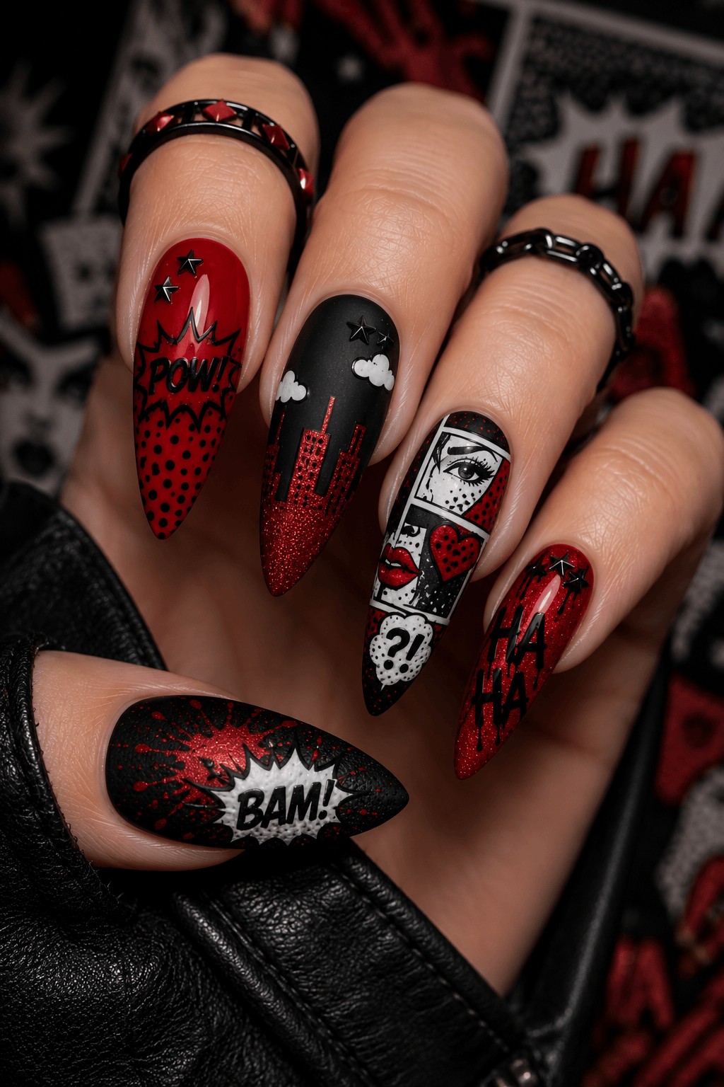 black and red comic book pop art nails 