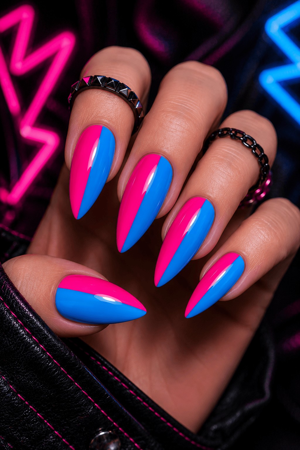 half blue and half pink harley Quinn nails 