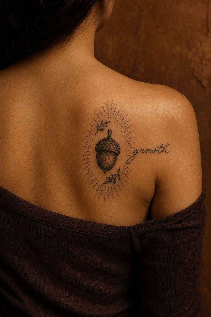 acorn tattoo with the word growth 